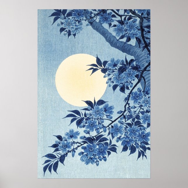 Blue Floral Full Moon Art Poster (Front)