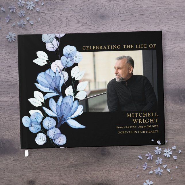 Blue Floral Funeral Celebration Of Life Photo Guest Book (Blue Floral Funeral Celebration Of Life Photo Guest Book)