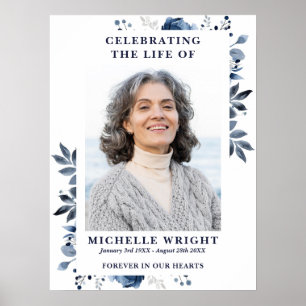 Blue Floral Funeral Celebration Of Life Photo Sign