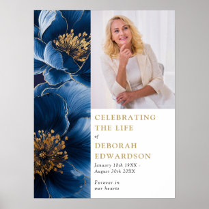 Blue Floral Funeral Celebration Of Life Photo Sign