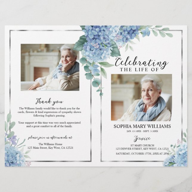 Blue Floral Funeral Program | Order of Service (Front)