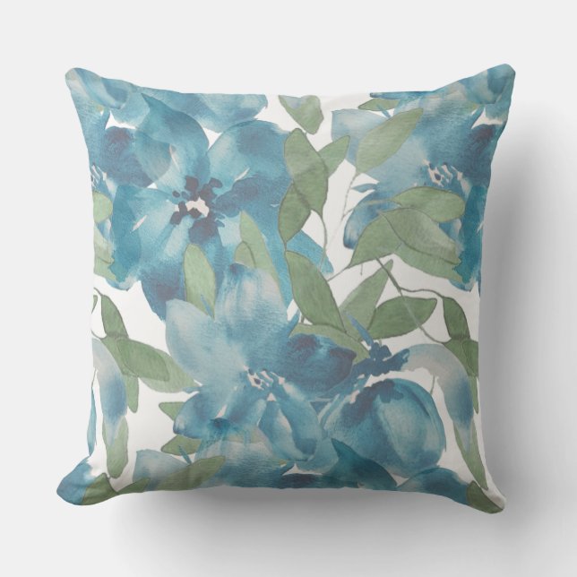 Blue Floral Fusion Watercolor Hand-painted Cushion (Front)