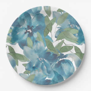 Blue Floral Fusion Watercolor Hand-painted Paper Plate