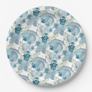 Blue Floral Fusion Watercolor Hand-painted Paper Plate