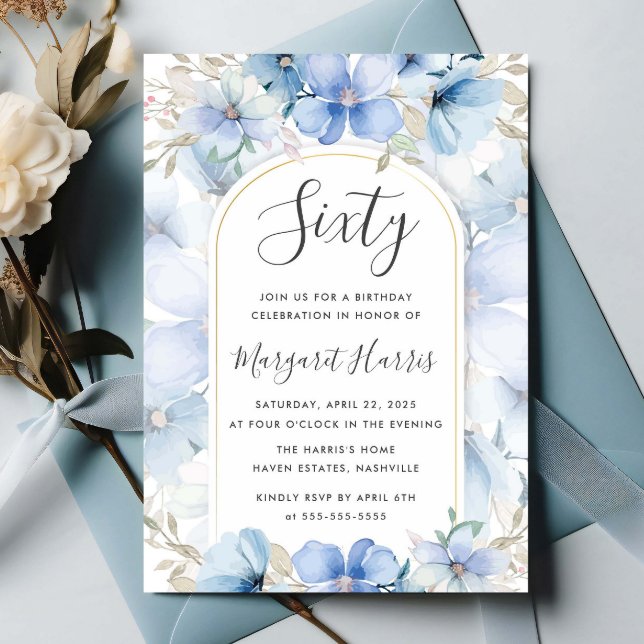 Blue Floral Garden 60th Sixty Birthday Invitation (Creator Uploaded)