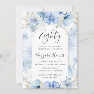 Blue Floral Garden 80th Eighty Birthday Invitation