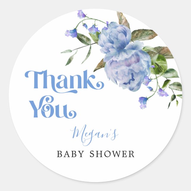 Blue Floral Garden Baby Shower Favour Classic Round Sticker (Front)