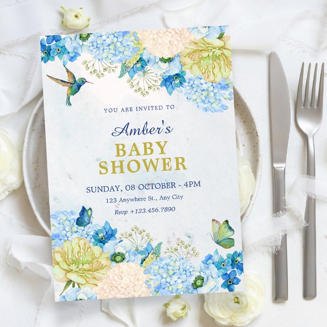 Blue floral garden baby shower invitation (Creator Uploaded)