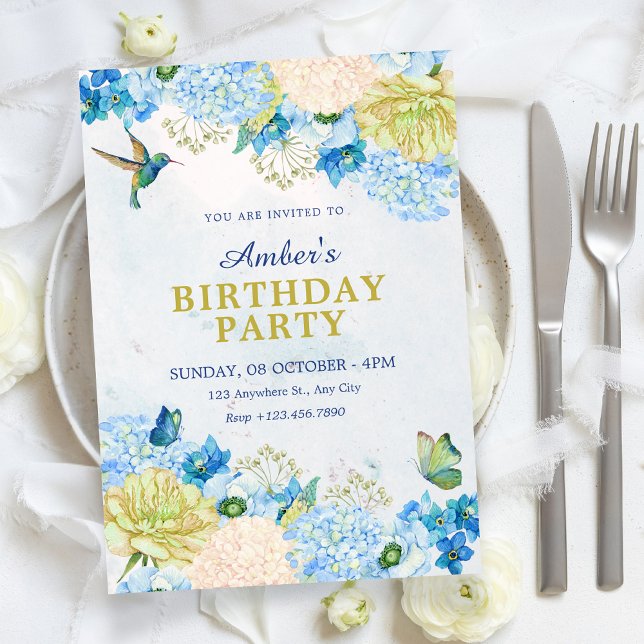 Blue floral garden birthday invitation (Creator Uploaded)