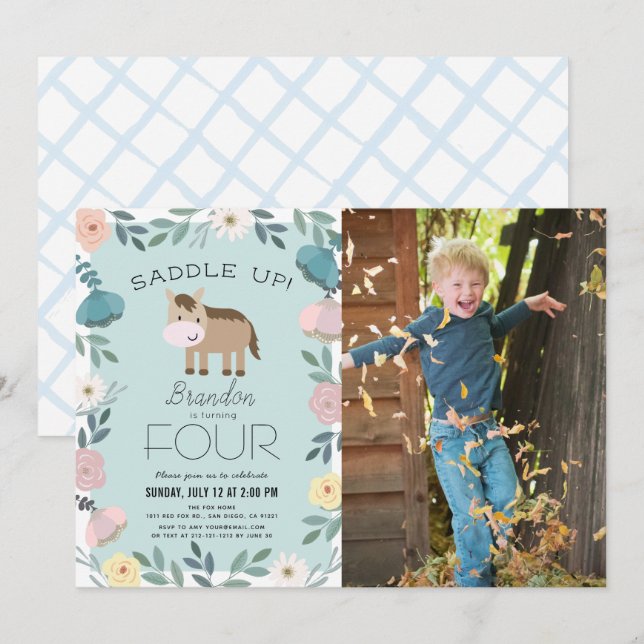 Blue Floral Garden Horse Boy Photo Birthday Invitation (Front/Back)