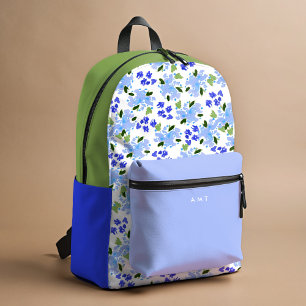 Blue Floral Garden Personalised Name Initial Printed Backpack