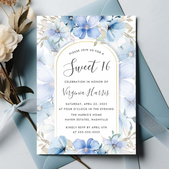 Blue Floral Garden Sweet Sixteen 16 Birthday Invitation (Creator Uploaded)
