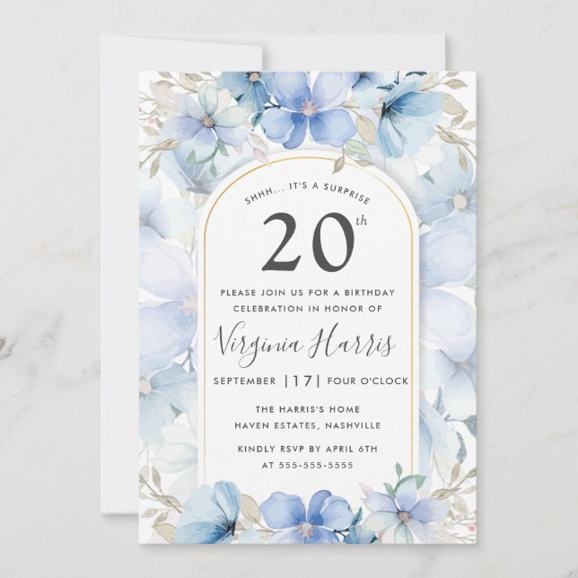 Blue Floral Garden Twenty 20th Birthday Invitation (Front)