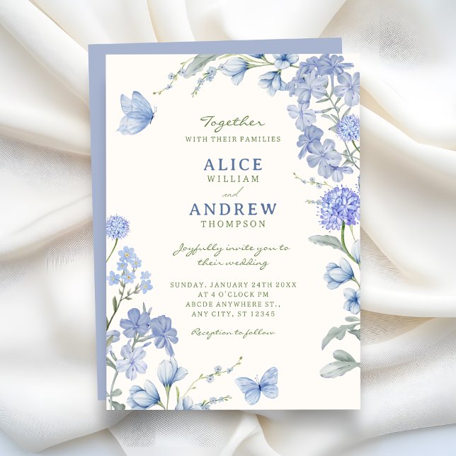 Blue floral garden wedding invitation (Creator Uploaded)