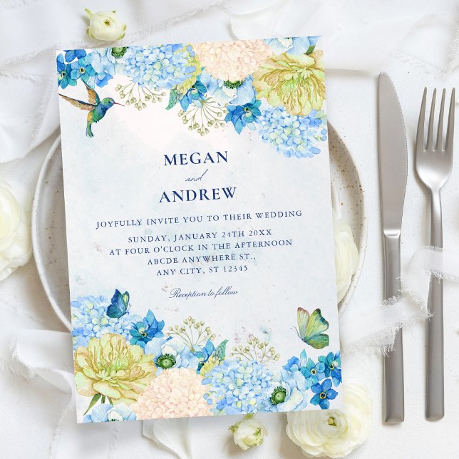 Blue floral garden wedding  invitation (Creator Uploaded)
