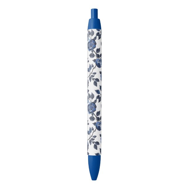 Blue Floral Gardens Black Ink Pen (Front Vertical)
