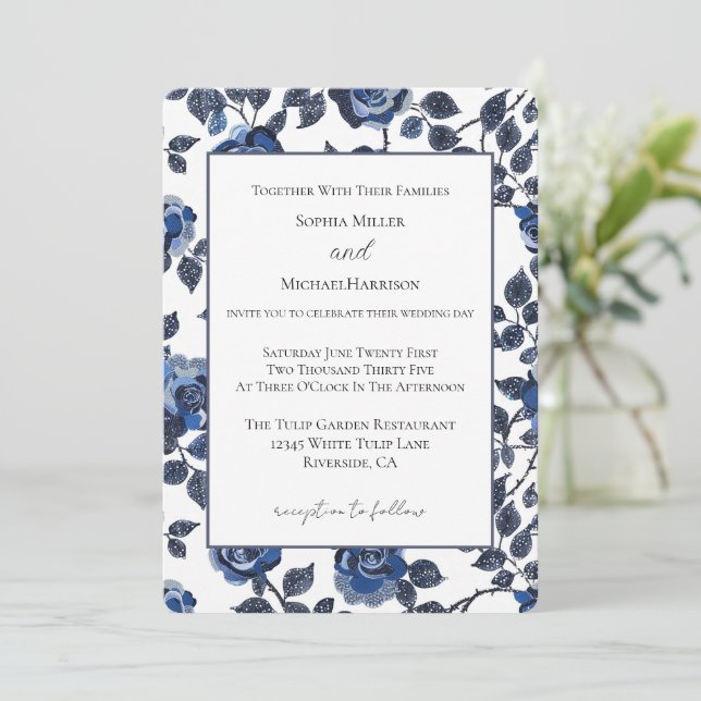 Blue Floral Gardens Wedding Invitation (Standing Front)