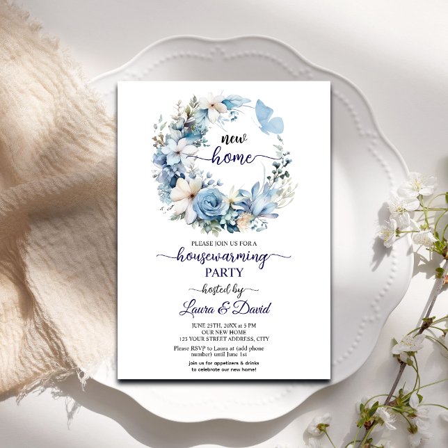Blue Floral Garland Housewarming Party Invitation (Creator Uploaded)