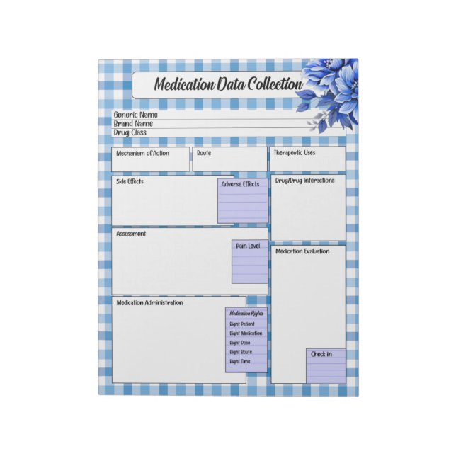 Blue Floral Gingham _ Medication Data Collection Notepad (Rotated)