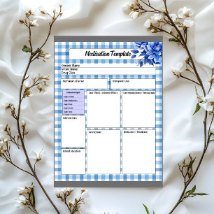 Blue Floral Gingham _ Medication Template Notepad