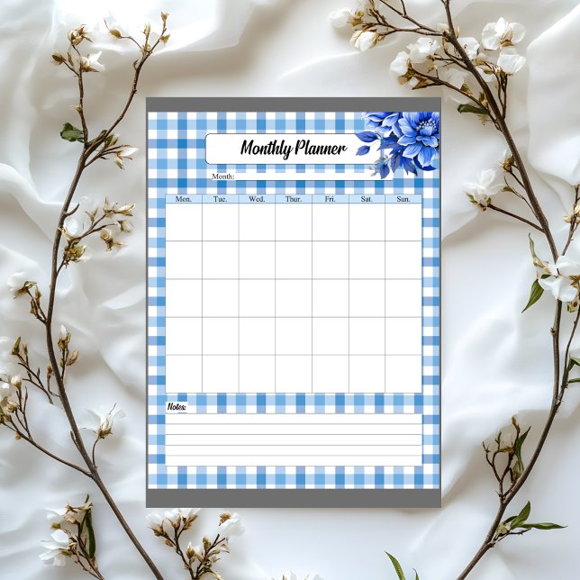 Blue Floral Gingham _ Monthly Planner Notepad (Creator Uploaded)