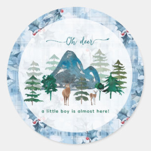 Blue Floral Gingham oh deer baby shower Classic Round Sticker