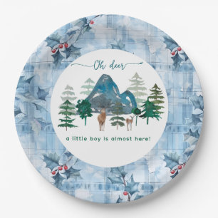 Blue Floral Gingham oh deer baby shower Paper Plate