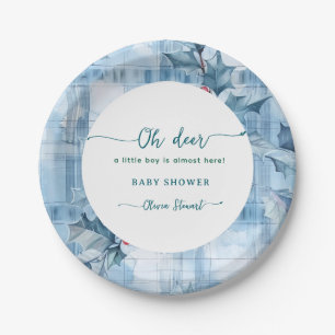 Blue Floral Gingham oh deer baby shower Paper Plate