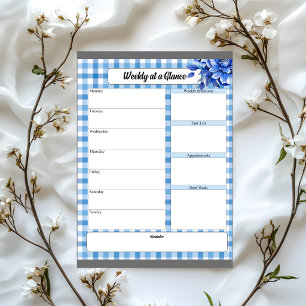Blue Floral Gingham_ Week At a Glance Notepad