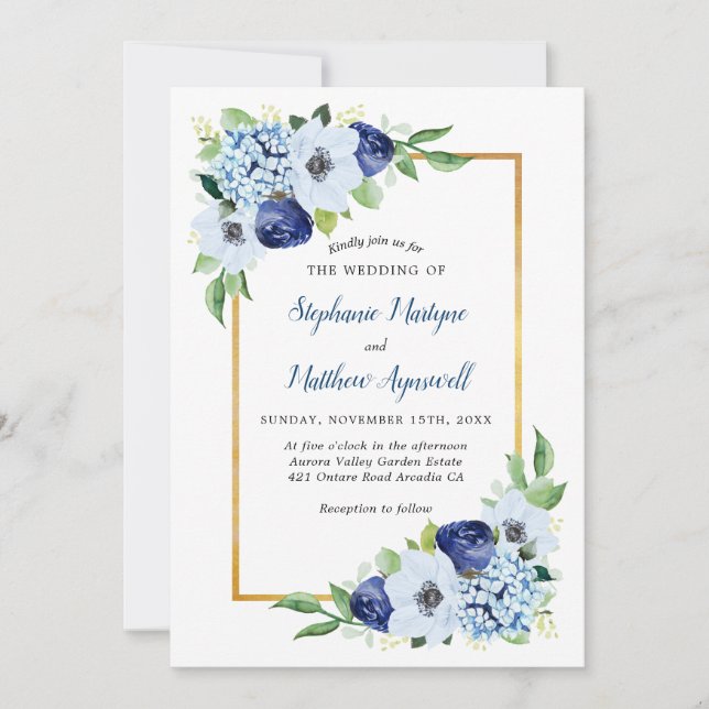 Blue Floral Gold Border Watercolor Wedding Invitation (Front)