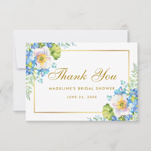 Blue Floral Gold Bridal Shower Thank You G Invitation (Front)