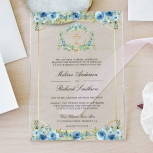 Blue Floral Gold Catholic Cross Wedding Acrylic Invitations