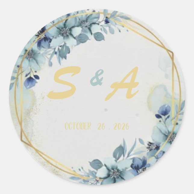Blue Floral Gold Elegant Wedding Favor Classic Round Sticker (Front)