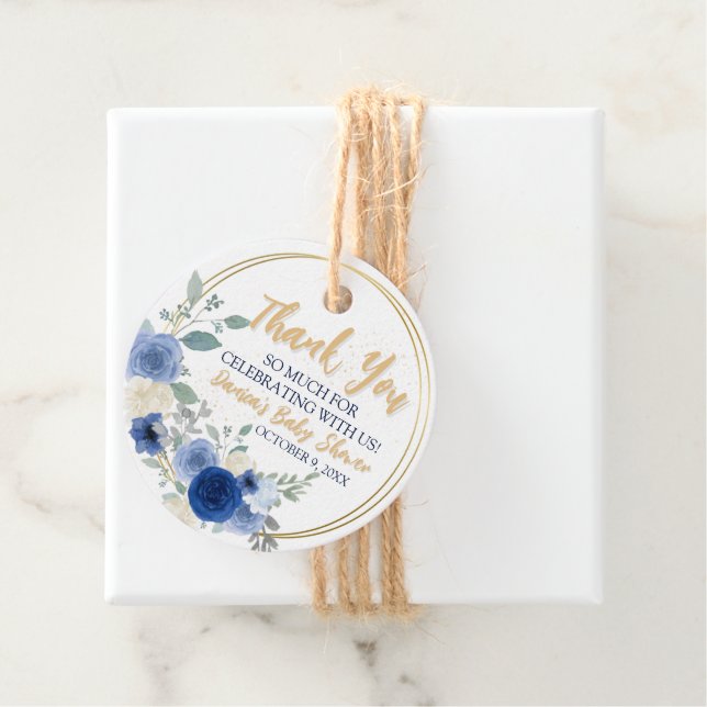 Blue Floral & Gold Favour Tag (In Situ)