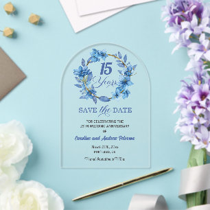 Blue Floral Gold Frame 15th Wedding Anniversary Acrylic Invitations