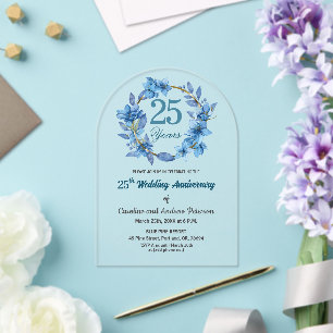  Blue Floral Gold Frame 25th Wedding Anniversary  Acrylic Invitations