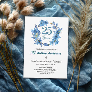  Blue Floral Gold Frame 25th Wedding Anniversary  Invitation