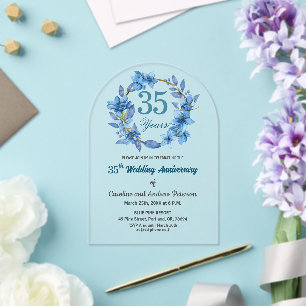  Blue Floral Gold Frame 35th Wedding Anniversary  Acrylic Invitations