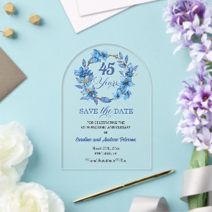 Blue Floral Gold Frame 45th Wedding Anniversary Acrylic Invitations