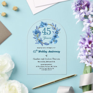  Blue Floral Gold Frame 45th Wedding Anniversary  Acrylic Invitations