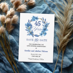 Blue Floral Gold Frame 45th Wedding Anniversary Save The Date