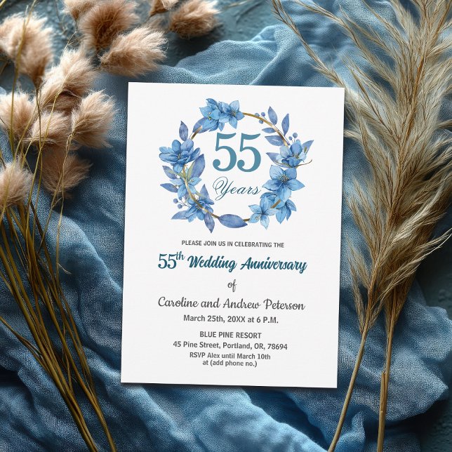  Blue Floral Gold Frame 55th Wedding Anniversary  Invitation (Creator Uploaded)