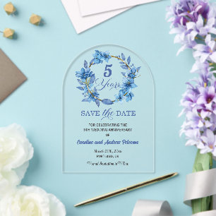 Blue Floral Gold Frame 5th Wedding Anniversary Acrylic Invitations