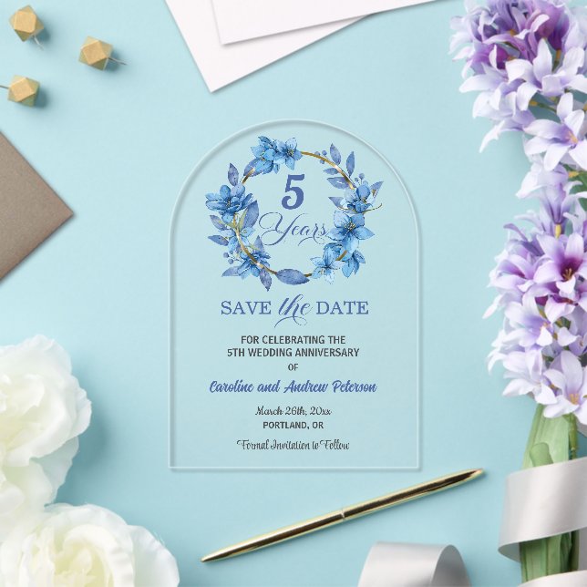 Blue Floral Gold Frame 5th Wedding Anniversary Acrylic Invitations (Insitu (Wedding))