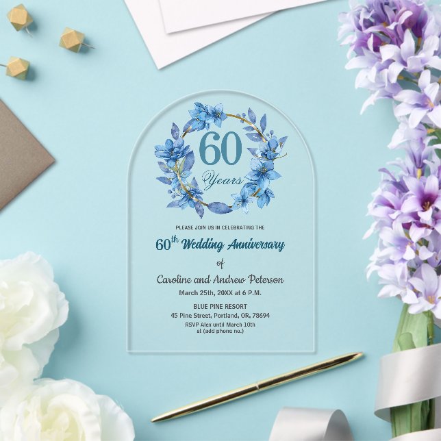 Blue Floral Gold Frame 60th Wedding Anniversary  Acrylic Invitations (Insitu (Wedding))