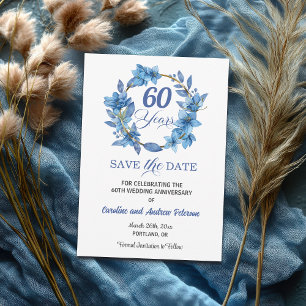 Blue Floral Gold Frame 60th Wedding Anniversary Save The Date