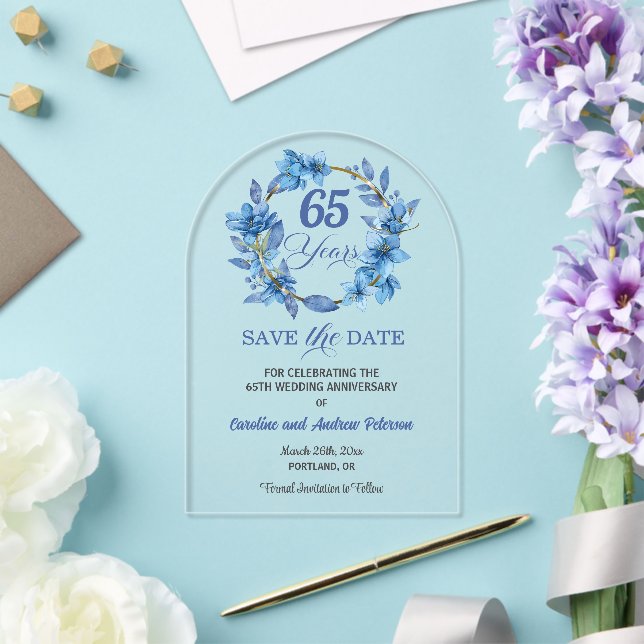Blue Floral Gold Frame 65th Wedding Anniversary Acrylic Invitations (Insitu (Wedding))