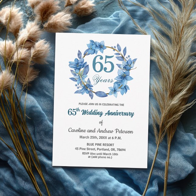  Blue Floral Gold Frame 65th Wedding Anniversary  Invitation (Creator Uploaded)
