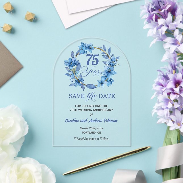 Blue Floral Gold Frame 75th Wedding Anniversary Acrylic Invitations (Insitu (Wedding))