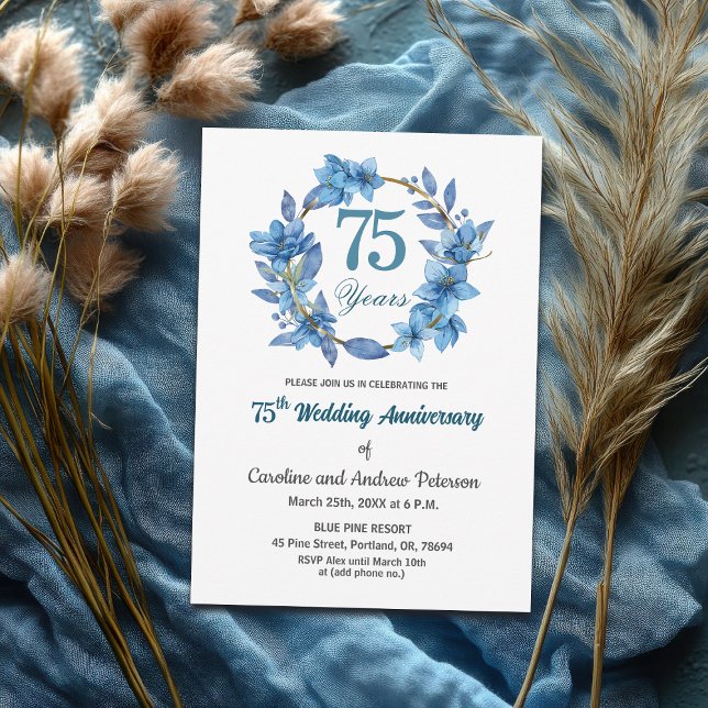 Blue Floral Gold Frame 75th Wedding Anniversary  Invitation (Creator Uploaded)